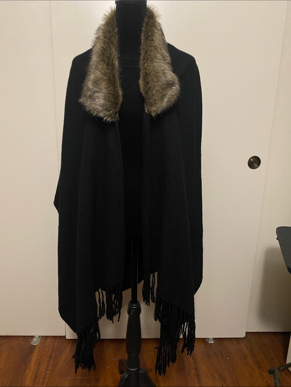 Black Faux Fur Collar Wrap Shawl for Women